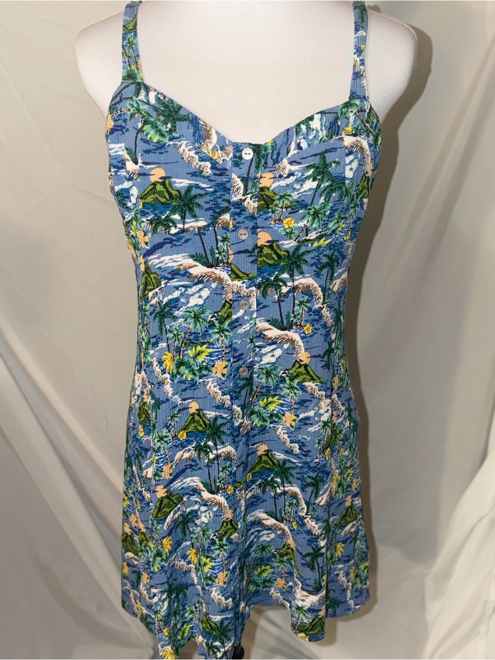 Wild Fable Blue Tropical Hawaiian Print Button-Front Mini Dress